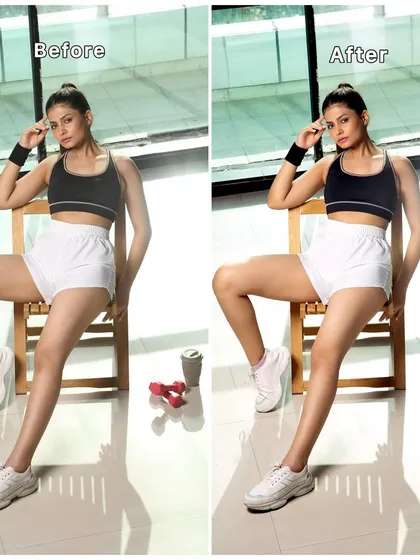 Before and after: A clean commercial edit for an activewear brand. I brightened the image, enhanced the reflections, and retouched the skin for a polished look.