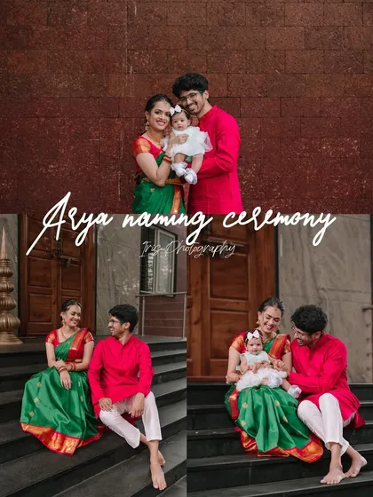 A collage from a naming ceremony, showing the new parents with their baby. It captures both formal portraits and sweet, candid interactions.
