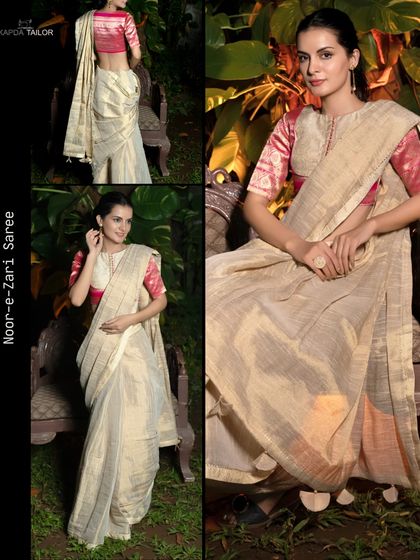 This Zari saree doesn't just whisper, it commands attention. The beautiful sheen of the fabric paired with a contrasting pink brocade blouse is a reminder that tradition never goes out of style.