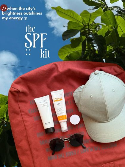 An SPF kit essentials flatlay, styled as part of a 'What's in my bag' collage. This shows how I create practical, utility-focused content that is still visually compelling and artistic.