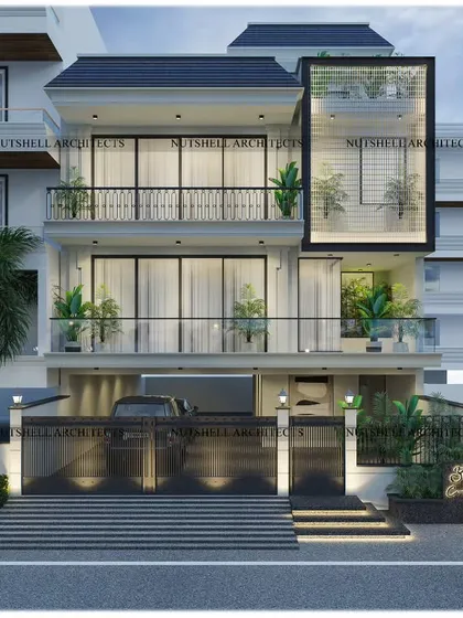 Our modern interpretation of French-inspired design for a residence in DLF Alameda. We replaced traditional roof tiles with sleek, zinc-clad tapering roofs and used a stone-textured paint to achieve a classic feel with clean, contemporary lines.