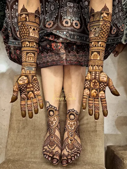 A unique bridal mehendi without human figures for a bride from Muscat. The palms feature a grid of symbolic elements, while the feet have a matching lotus design, creating a cohesive and personalized look.