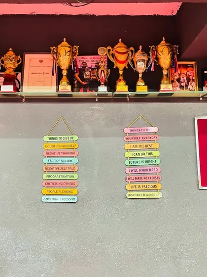 This is our wall of achievement. Every trophy here represents the hard work and dedication of our players and coaches in district, state, and national level tournaments. We train to win.