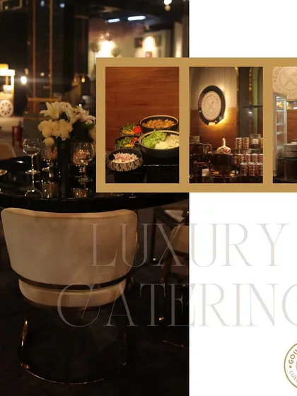A collage showing different angles of our luxury catering setup, from table settings to buffet displays.