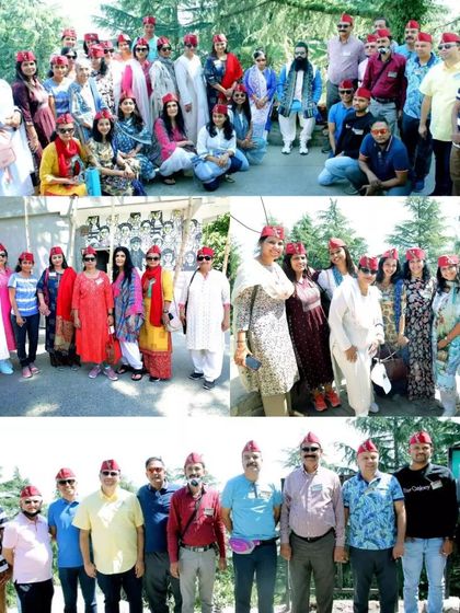 A collage from our Himalayan retreat, showing our group enjoying the local sights and wearing traditional Himachali caps.