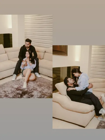 A two-photo collage showing the couple sharing intimate moments on a comfortable modern sofa, perfect for a cozy at-home pre-wedding shoot.