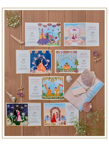 A big fat Indian wedding by the beach is a dream, and we designed a stationery suite to match. Every element, from the custom couple illustrations to the decor-inspired event cards, was meticulously designed to reflect the joyful, vibrant celebration in Goa.