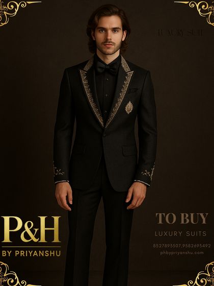 This bespoke black tuxedo is the epitome of evening luxury. I have enhanced its classic form with intricate hand-embroidery along the lapels and a custom crest, creating a truly one-of-a-kind piece.