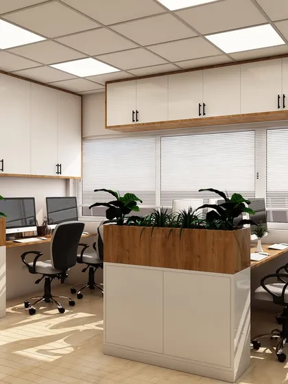 Another perspective of the open-office concept, showing how workstations are grouped for team collaboration. The combination of overhead and under-cabinet storage ensures a functional and organized workspace.