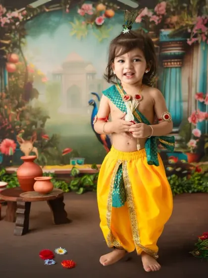A delightful photo of a young child as Krishna, holding flowers with a bright smile, set against the detailed and colorful Vrindavan-inspired scene.
