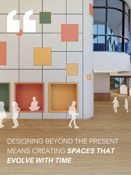 A graphic illustrating our philosophy of designing spaces that evolve with time. The image shows a render of Mother's Pet School, where colorful nooks and collaborative zones are designed to support growth and curiosity.