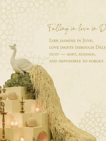 A beautiful detail from the event, this custom installation features a white peacock with a cascading tail of flowers, set against a backdrop with a geometric pattern. It's a unique art piece that adds a layer of storytelling to the decor.