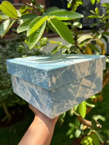 Another angle of the beautiful indigo-dyed gift box. It's a perfect example of how functional items can also be beautiful works of art.