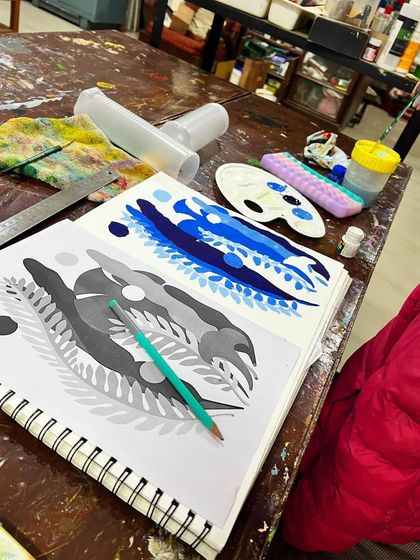 An exercise in value and monochrome palettes. A student explores creating a composition using only shades of black, white, and grey.