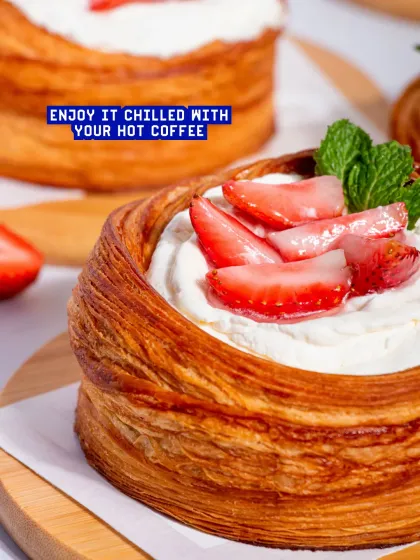 Our Strawberries and Cream Danish is the perfect seasonal treat. Enjoy it chilled with a hot coffee to balance the sweetness.
