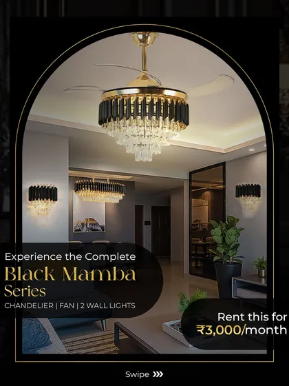 Get a complete, professionally curated look for your living space by renting a full lighting suite. The Black Mamba series, including a chandelier, a chandelier fan, and two matching wall lights, provides a cohesive and sophisticated aesthetic.