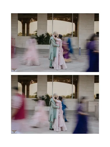 An artistic take on a classic embrace, using motion blur to create a dreamy, ethereal effect. This technique freezes the couple in a moment of intimacy while the world rushes by, highlighting their unique connection.