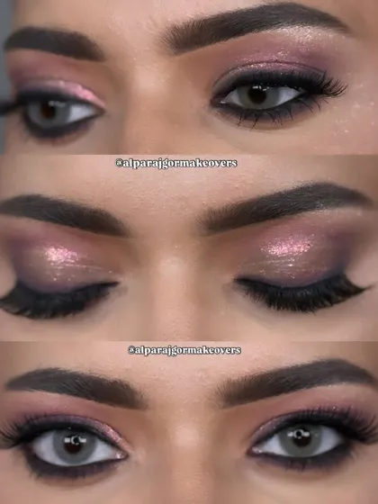 A detailed shot of the glamorous eye makeup, showing the blend of purple and pink shimmers.