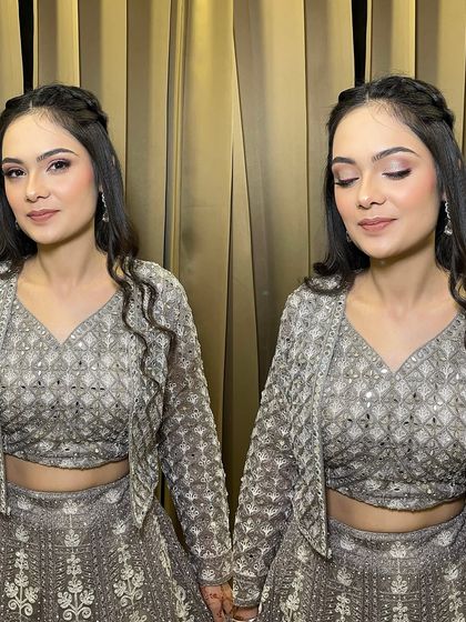 A collage showing off the soft and shimmery look for the bride's sister. It’s a versatile look that photographs beautifully and is perfect for any wedding event.