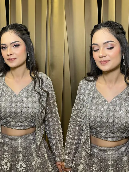 A collage showing off the soft and shimmery look for the bride's sister. It’s a versatile look that photographs beautifully and is perfect for any wedding event.
