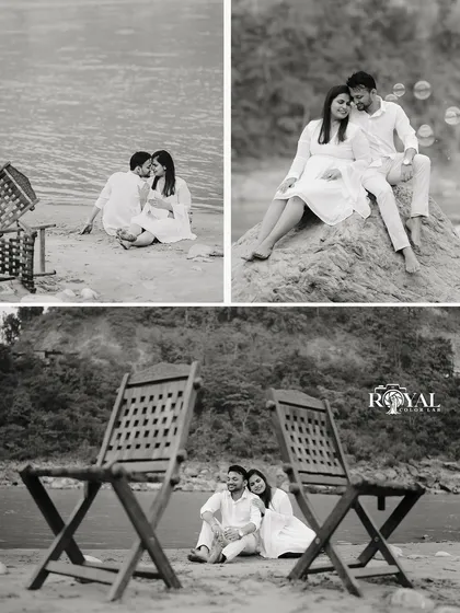 A black and white collage showing a couple's picnic-style setup by the river, capturing intimate and relaxed moments.