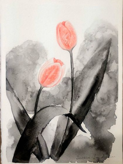 This watercolor floral was a recent commission for a wedding anniversary. The client wanted tulips, and I had the creative freedom to interpret them in my expressive style, balancing delicacy with a moody, abstract background.