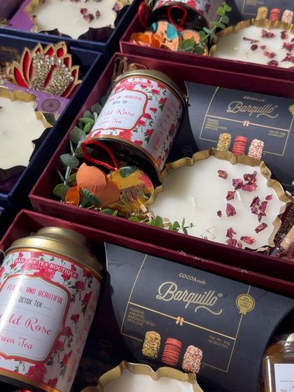 The rich combination of wild rose tea and barquillo wafers in our red-themed Diwali hamper. A perfect blend of flavors and aesthetics.