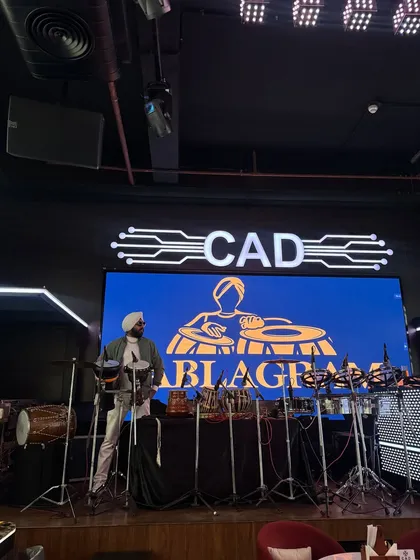 A full view of my extensive percussion setup on the stage at CAD. I bring everything needed to create a massive sound.