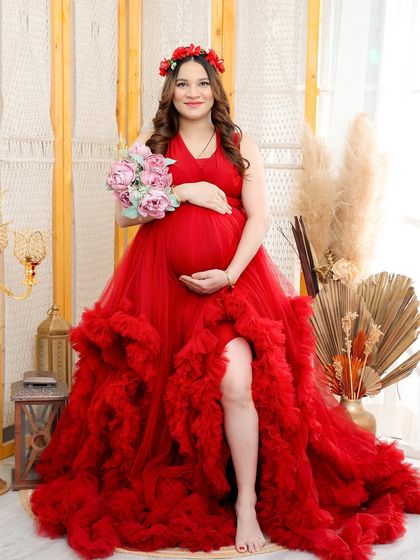 A series of solo portraits showcasing the vibrant and dramatic red gown from my client closet, styled in different ways from regal to romantic.