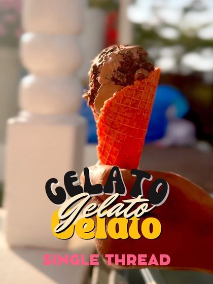 A stylized shot of our gelato, with bold text overlaying the image. This modern, graphic approach highlights the fun and vibrant personality of our gelato station.