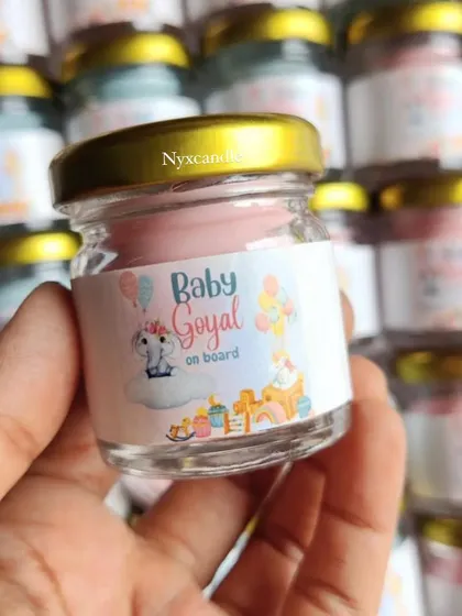 These mini jar candles with "Baby Goyal on board" labels are a perfect, personalized favor for a baby shower. I can create custom labels for any occasion.