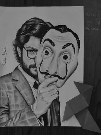 The mastermind himself, El Professor from Money Heist. This photorealistic portrait, which took 96 hours, was a challenge to capture his intelligence and mystery behind the iconic Dali mask.