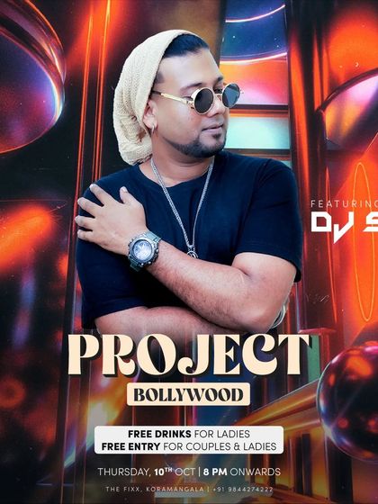 Another 'Project Bollywood' flyer, highlighting the free entry and drinks for ladies.