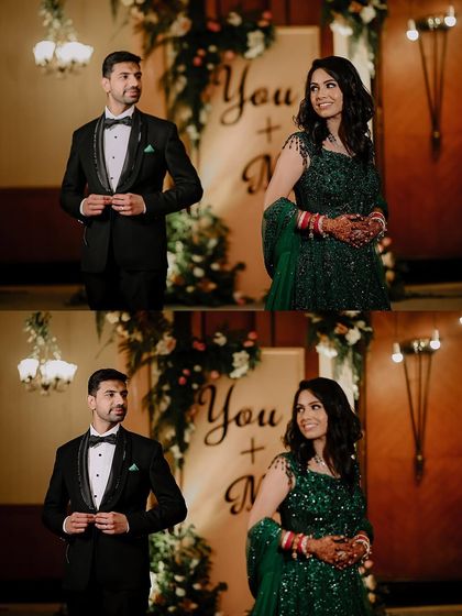 A classic reception portrait showing the couple looking at each other. The soft lighting and floral decor create a romantic and elegant atmosphere.