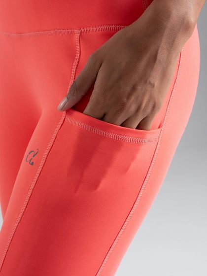 A detailed shot of the pocket on Druscilla Fashion's leggings, highlighting a key functional feature for the customer.