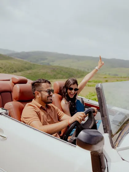 A pre-wedding shoot should feel like an adventure. Here, we captured the pure fun and freedom of the open road, a perfect metaphor for the journey they are about to begin together.
