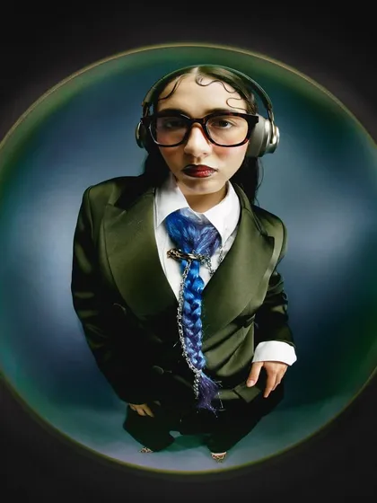 This shot incorporates headphones and a braided hair tie, adding modern and whimsical elements to the tailored look. The fisheye perspective continues to create a unique visual experience.