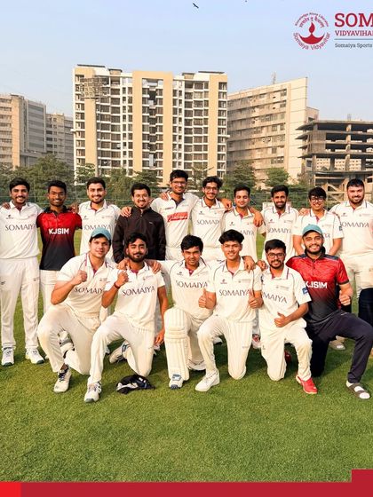 Another shot of the K J Somaiya Institute of Management cricket team, celebrating their strong start to the Lakshya 2026 tournament with two consecutive wins.