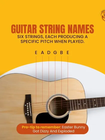 Learning the names of the six guitar strings is essential. We even have a fun pro-tip to help you remember: Easter Bunny Got Dizzy And Exploded.