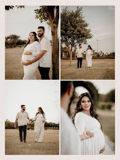 This set of four images shows different perspectives and interactions, from a classic couple pose to a more candid walking shot, all tied together by the beautiful outdoor light.