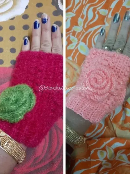 A look at two custom designs for our fingerless crochet gloves. The left features a fuzzy pink wool with a green floral accent, while the right shows a light pink glove with an elegant crocheted rose detail.