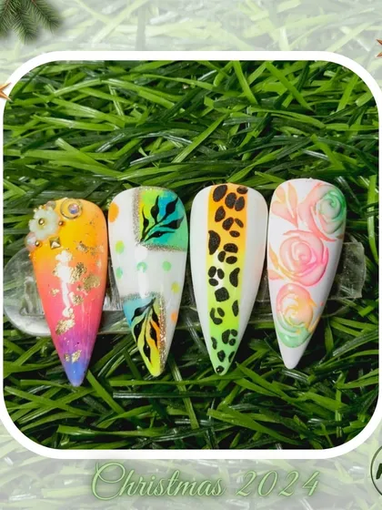 A vibrant and eclectic set showcasing multiple techniques like gradients, animal print, and florals, all in one collection of student work.