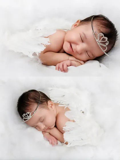A collage showing a sleeping newborn as a tiny angel, complete with delicate wings and a tiara, resting on a bed of soft white clouds.