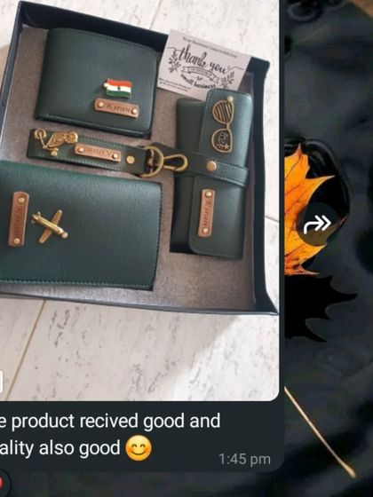 "The product recived good and Quality also good." A customer is pleased with the quality of their green leather accessory set.