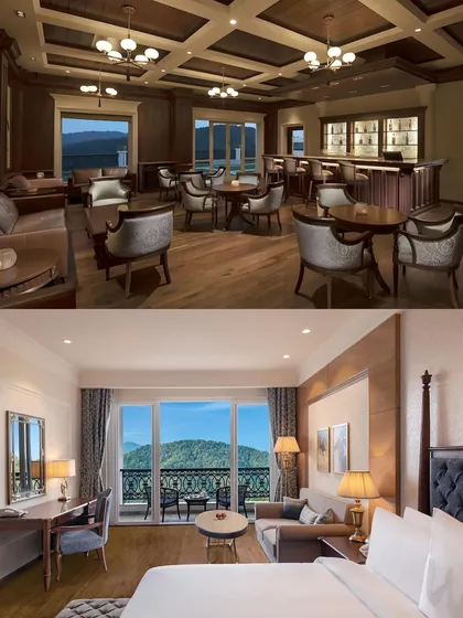 A look inside the ITC Tavleen, Chail, showing a guest room and the hotel bar. I designed the rooms to be peaceful sanctuaries with stunning views, while the bar offers a cozy, club-like atmosphere for relaxation.