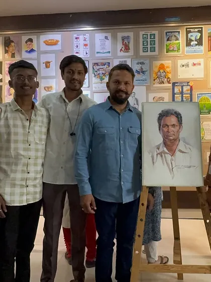 Posing with a group of enthusiastic students and the finished watercolour piece.