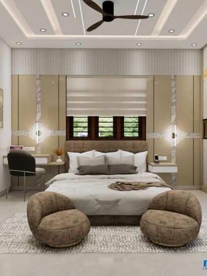 Another angle of the elegant bedroom, showing the study desk and the floral-printed wardrobe.