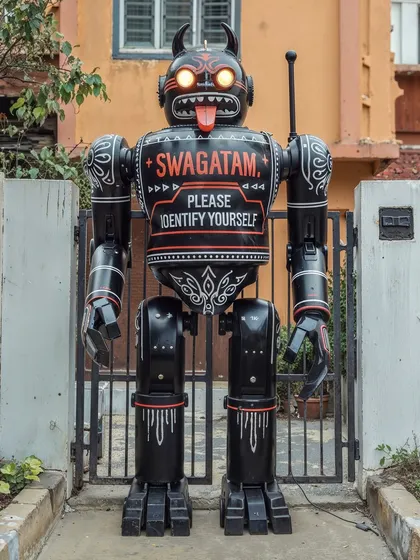 The full 'Nazar-Bottu' robot, acting as a menacing security guard at a gate. It combines folk tradition with dystopian surveillance technology.