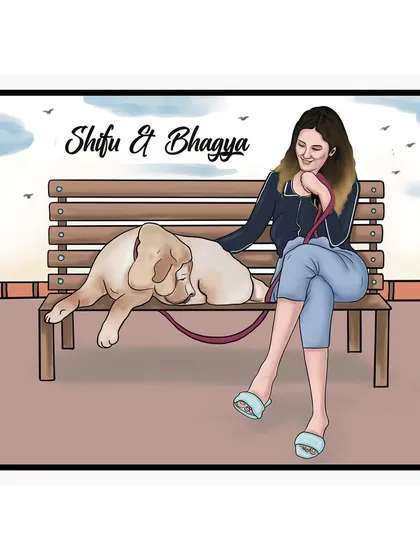 I create heartwarming digital illustrations of people with their beloved pets. This piece captures a quiet moment between a woman and her dog, making for a truly personal keepsake.