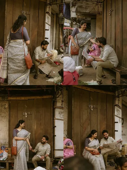 A collage showing the couple interacting in a rustic market alley. These images provide context and atmosphere, making the pre-wedding shoot feel like a scene from a classic film.
